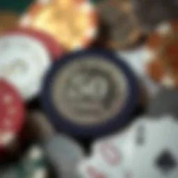 A close-up view of a 50 cent poker chip surrounded by various denominations.