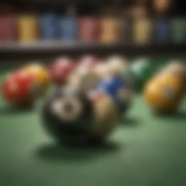 Close-up of tournament chips and billiard balls