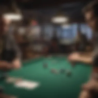 A strategic moment during a poker game amidst billiards tables