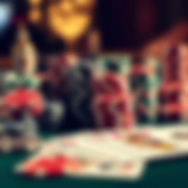 A close-up of poker chips and cards on a table