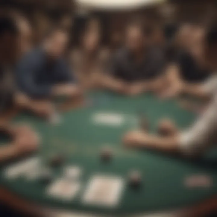 Group of players strategizing at a poker table