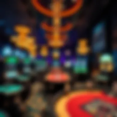 Luxurious Casino Interior Interior view of a luxurious casino with vibrant gaming tables.