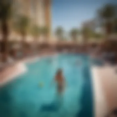 Vibrant hotel pool scene in Las Vegas with guests enjoying