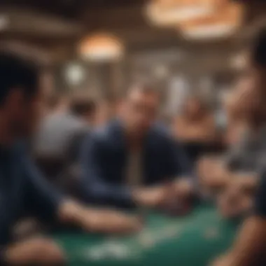 An engaging live poker tournament atmosphere with players focused on the game