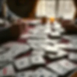 An intricate layout of rummy cards on a table