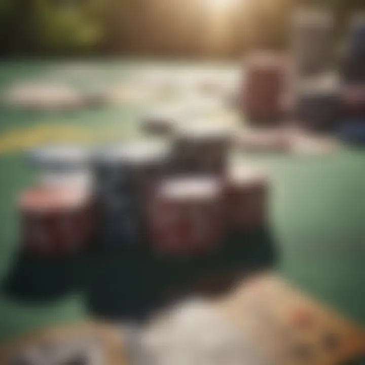 A close-up of poker chips and cards on a sunlit outdoor table