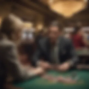 A dramatic scene depicting a high-stakes poker game in a luxurious casino environment.