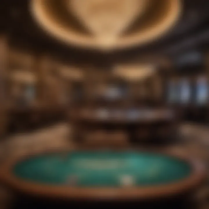 Luxurious interior of the casino filled with gaming tables.