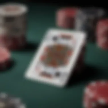 Close-up of blackjack cards and chips arranged strategically.