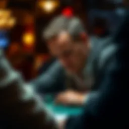 A focused poker player at a high-stakes table, showcasing intense concentration.