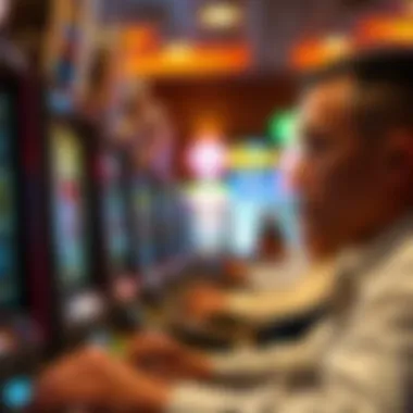 Player analyzing slot machine odds with a thoughtful expression.