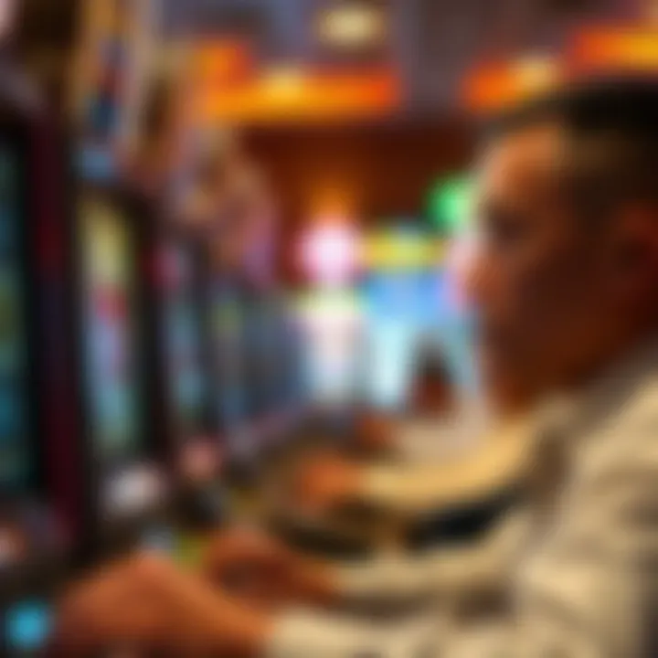 Player analyzing slot machine odds with a thoughtful expression.